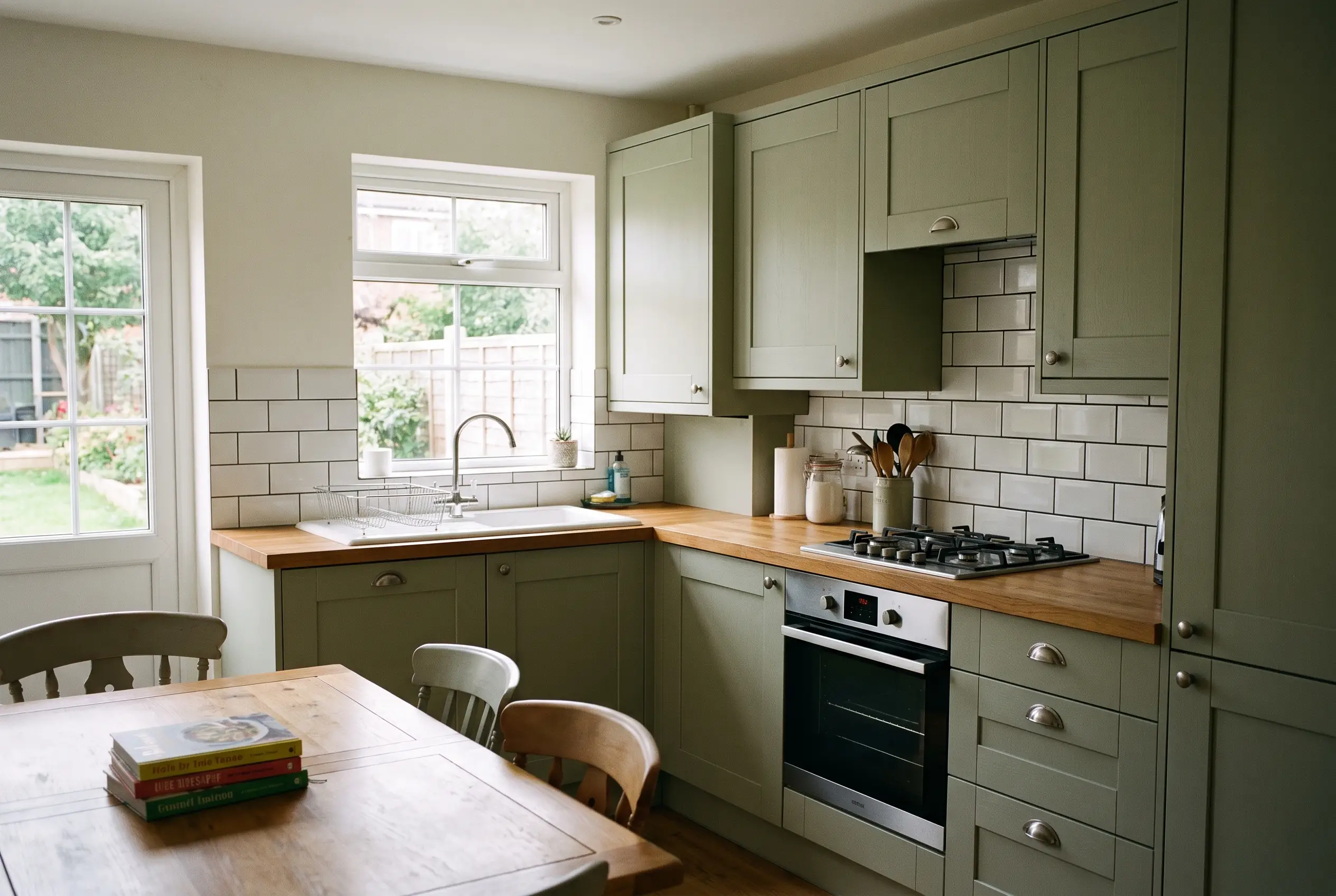 Newly fitted sage green shaker kitchen