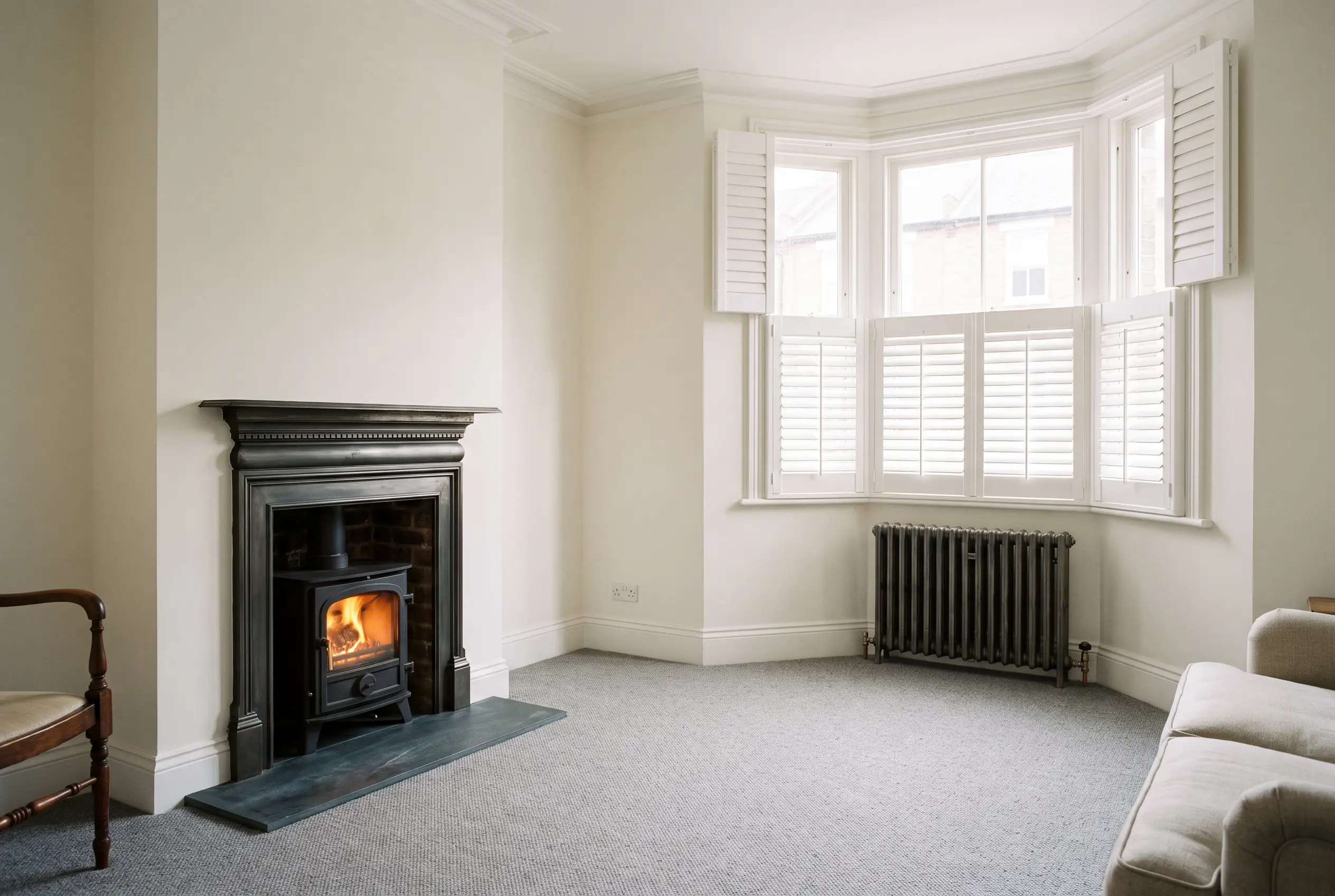 Renovated front room with log burner
