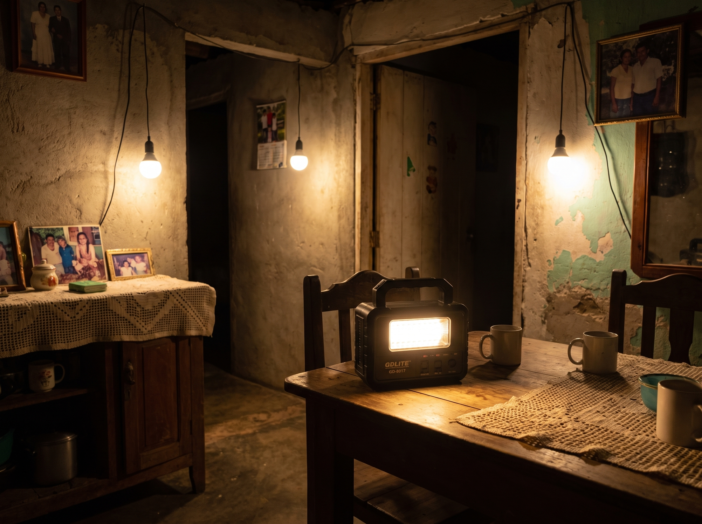 Kit solar GDLITE iluminando una casa durante un apagón