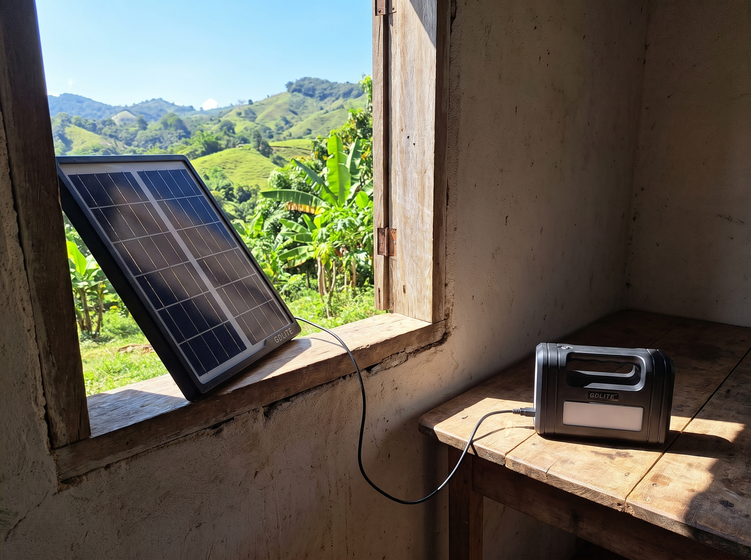 Panel solar cargando la unidad al sol en una casa rural