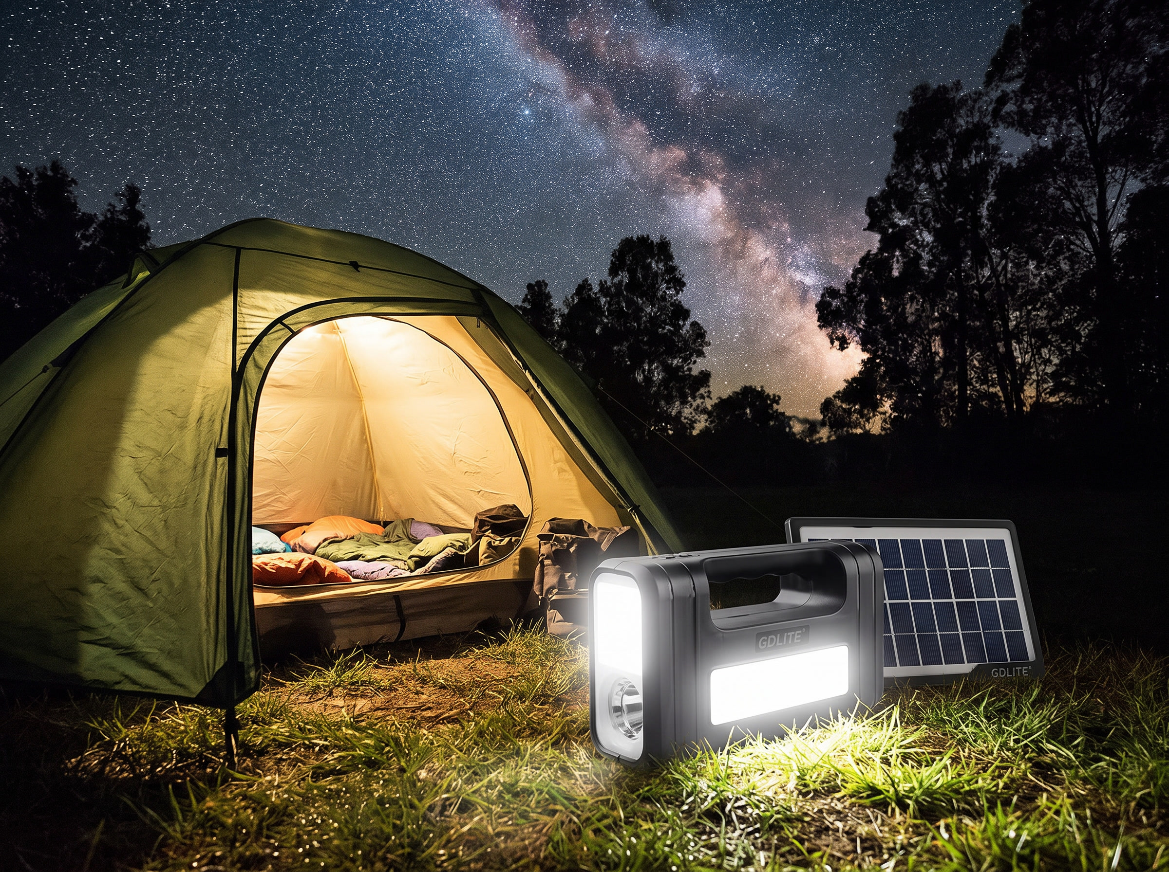 Kit solar GDLITE iluminando una carpa de camping en la noche
