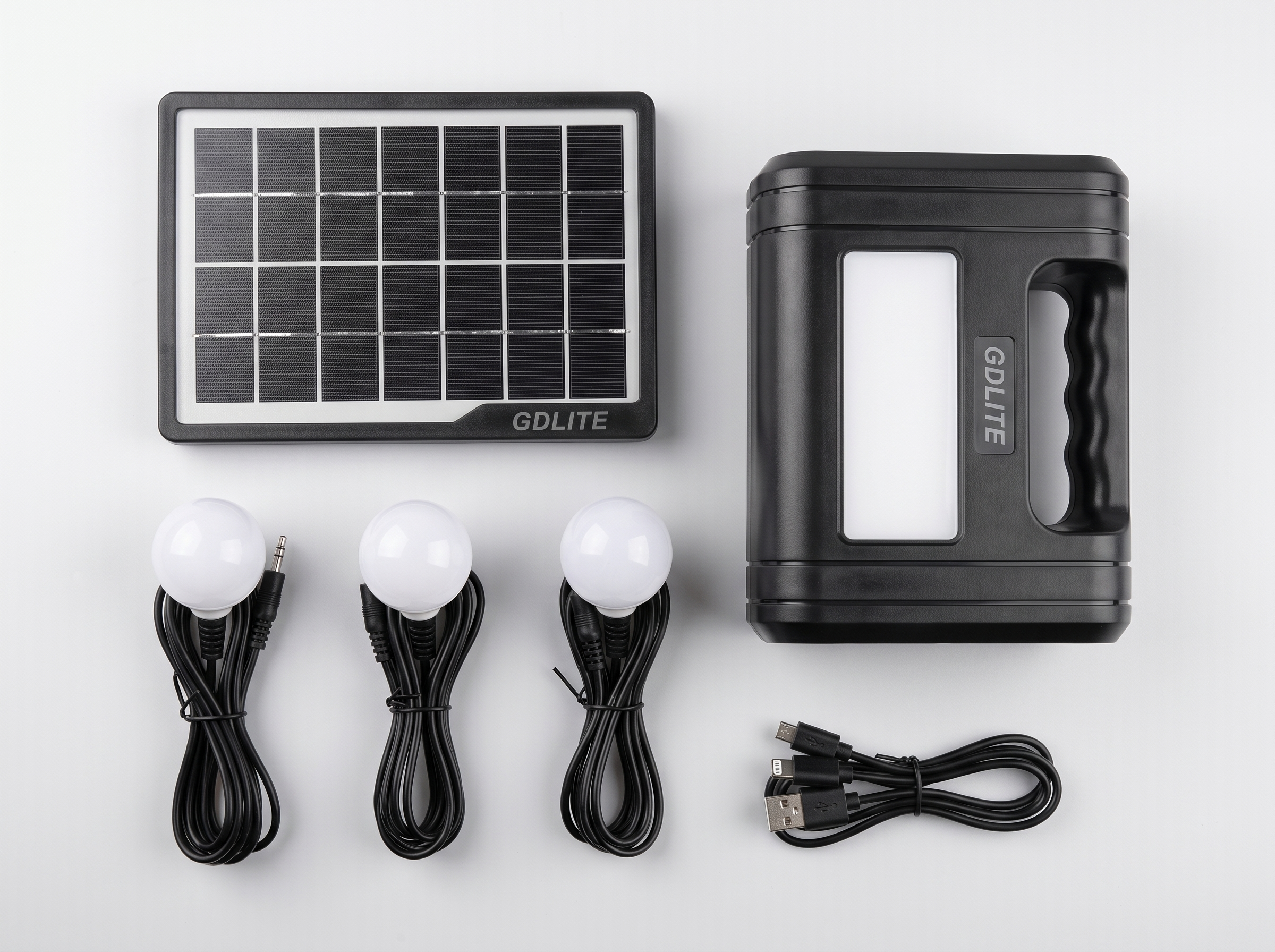 Kit solar GDLITE GD-8017 completo: panel, unidad, 3 bombillos y cable USB