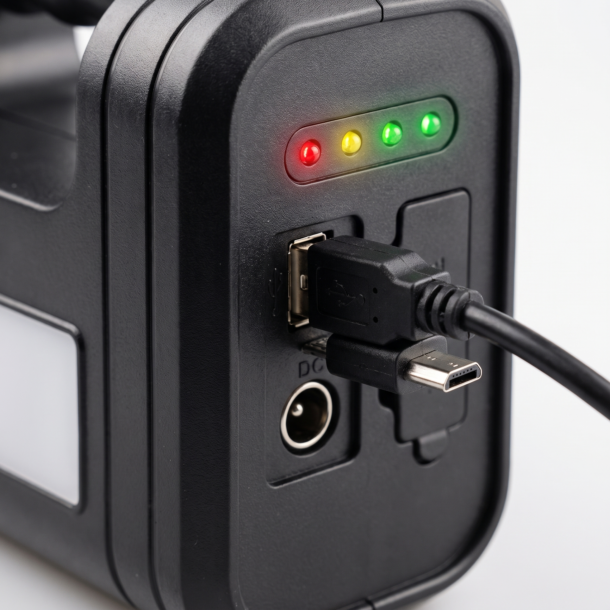 Detalle del puerto USB y salida DC del kit solar GDLITE