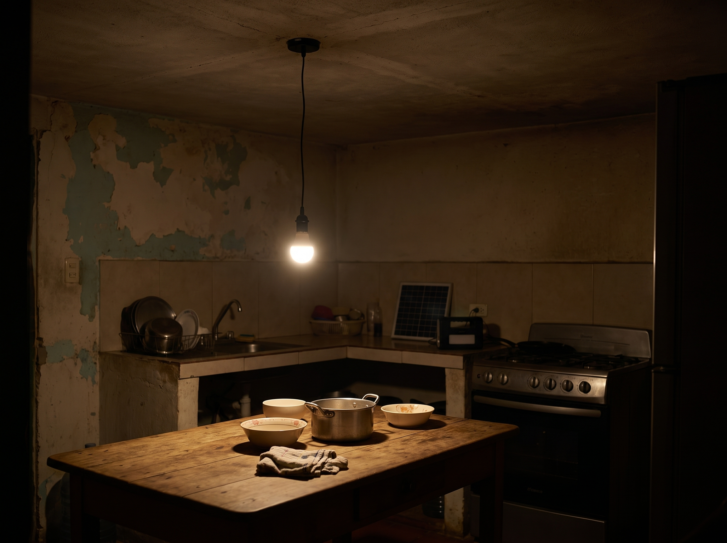 Bombillo LED del kit colgado e iluminando una cocina de noche