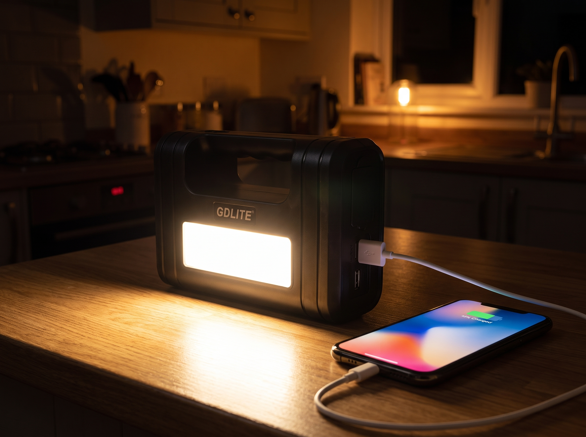 Celular cargándose desde el kit solar durante un apagón