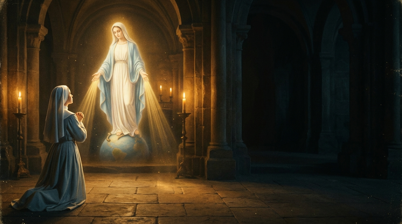 Sister Catherine Labouré kneels before an apparition of Our Lady in a candlelit chapel, Rue du Bac, 1830