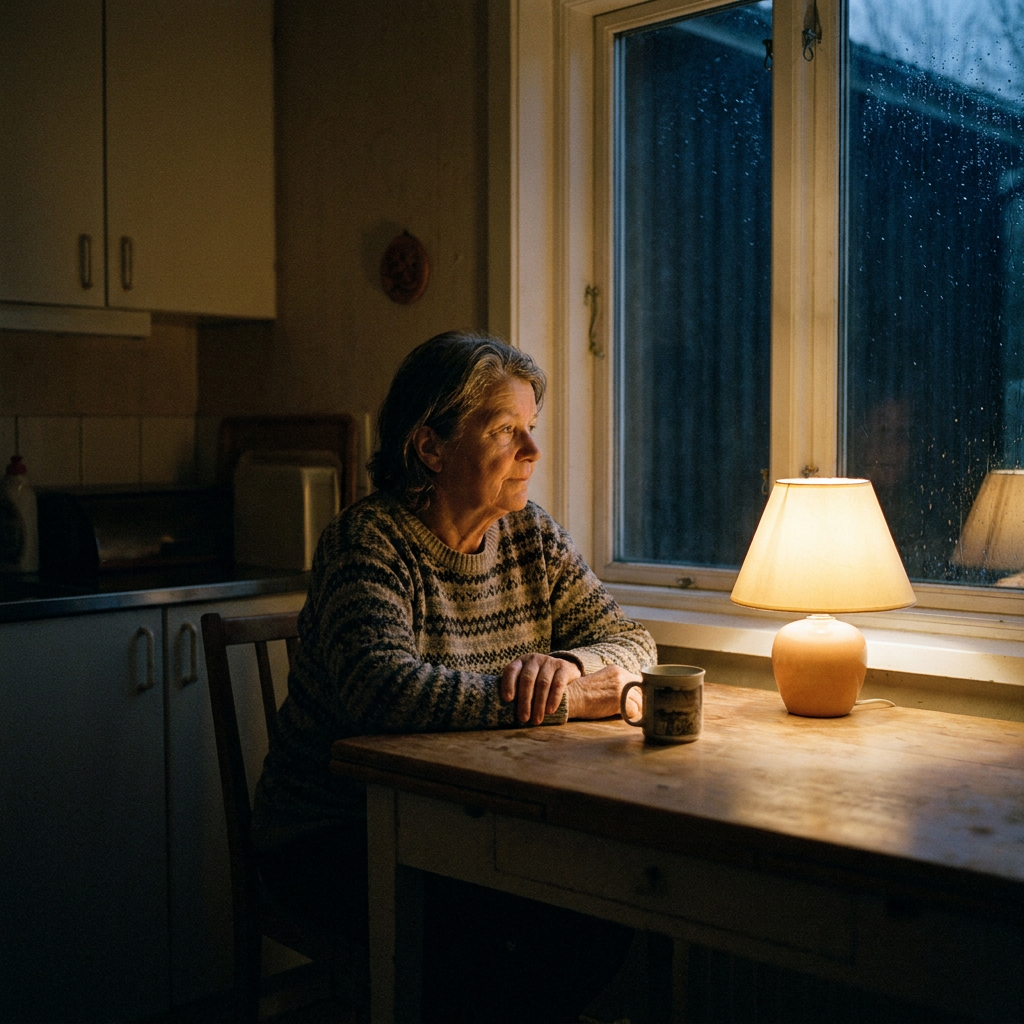A woman sitting alone at a kitchen table late in the evening