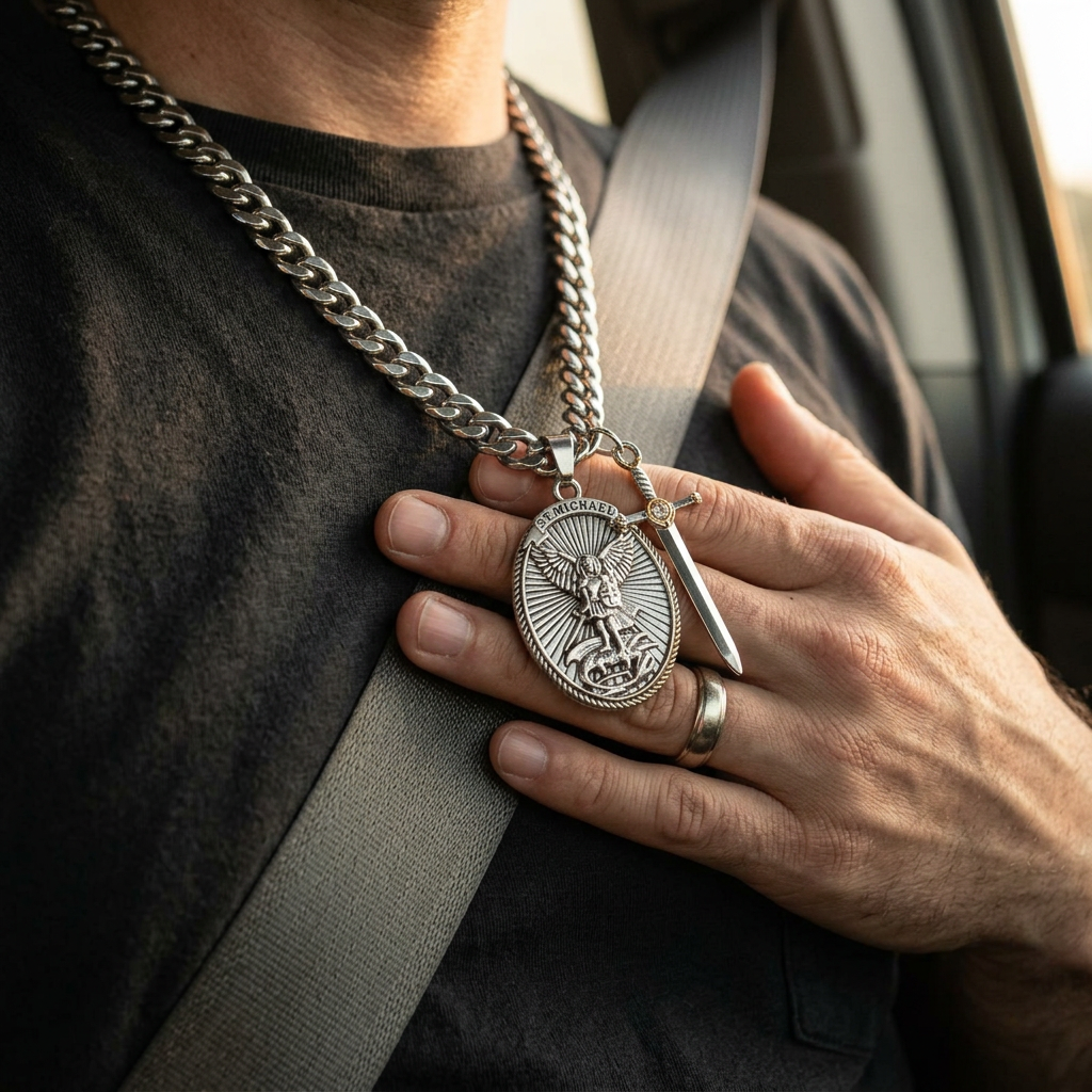 A hand finding the medal at the chest, seatbelt across the shoulder
