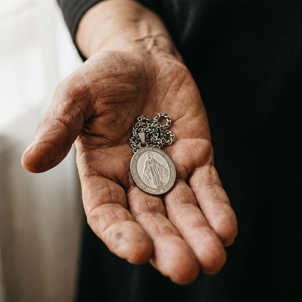 The Miraculous Medal resting in an older woman's hand