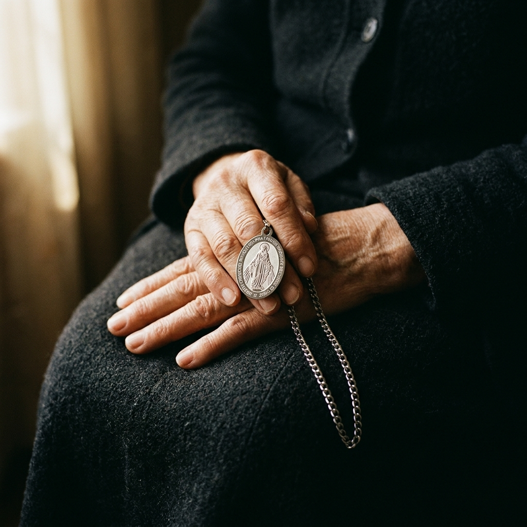 An older woman's hands folded in prayer, holding the Miraculous Medal