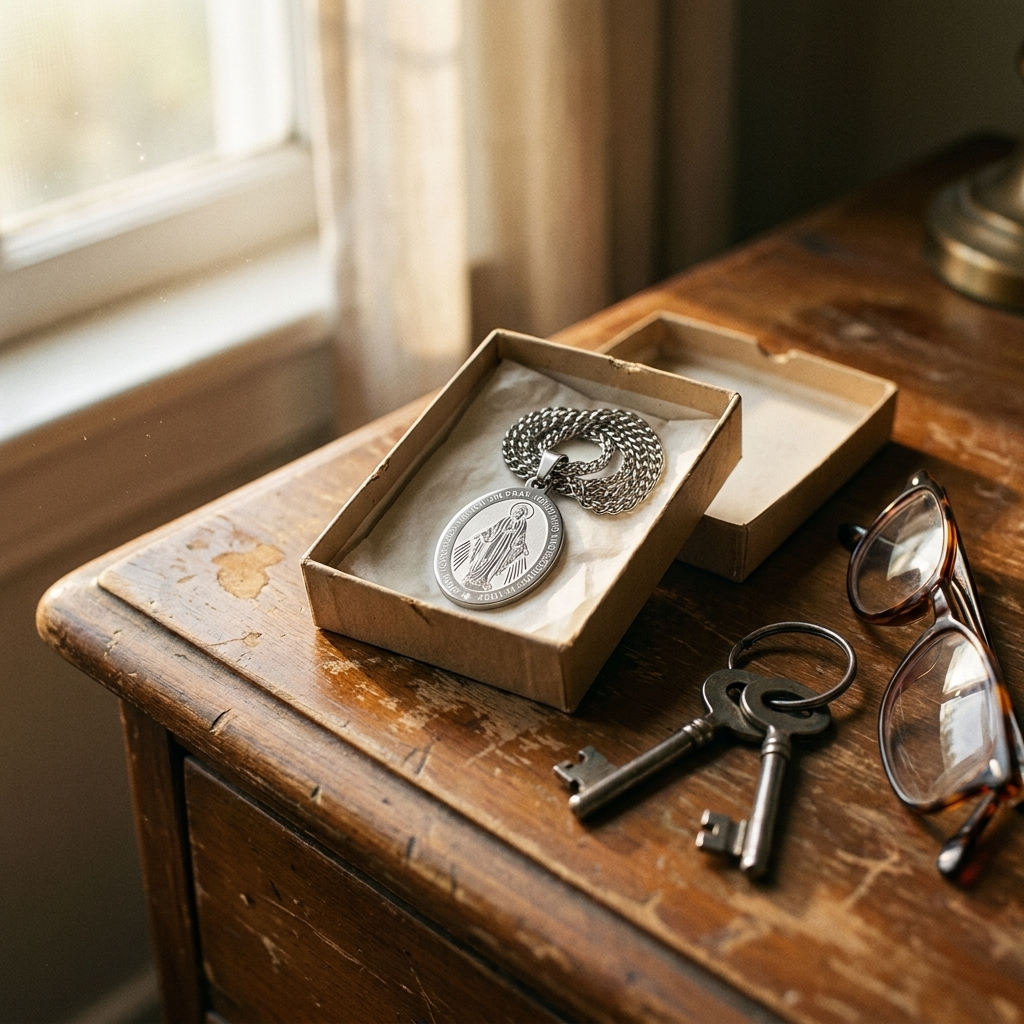 The Miraculous Medal in a small gift box on a dresser