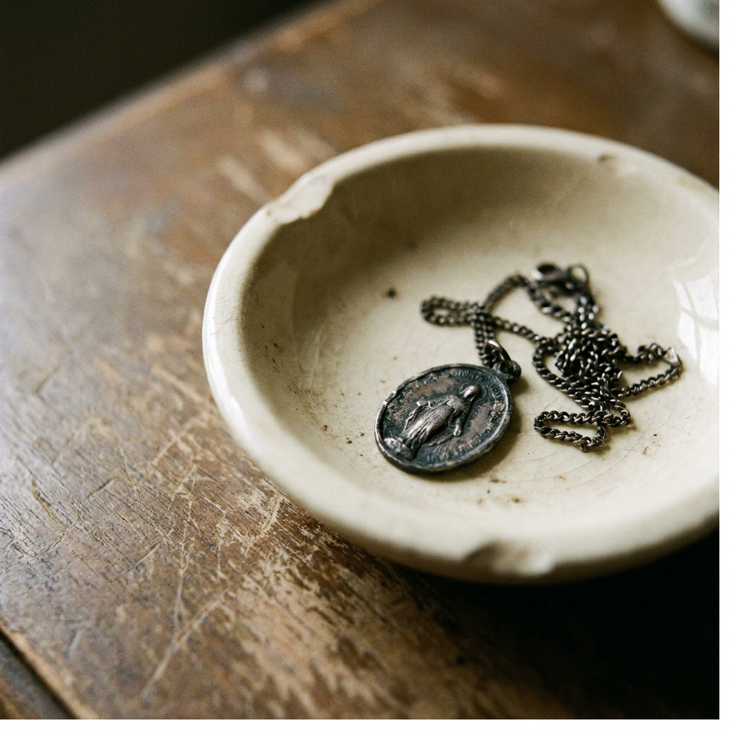 An old worn medal in a dish on a dresser