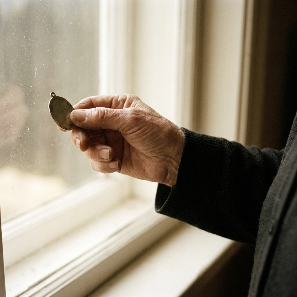 An older woman holding a worn medal up to the light