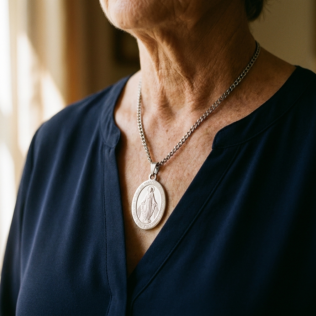 The Miraculous Medal worn on a chain
