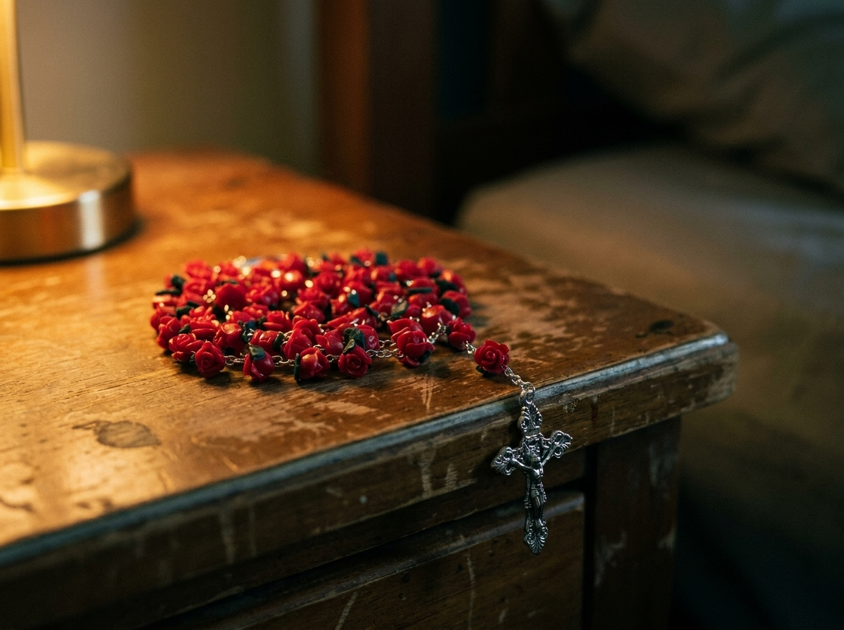 The Rose Rosary on a bedside table