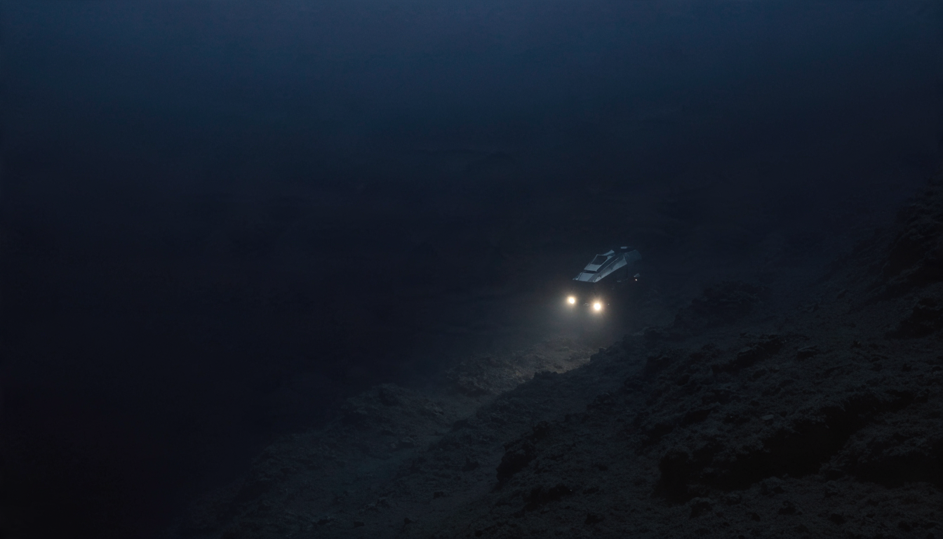 AI-generated illustration of a deep-sea submersible descending into the dark abyss of the Mariana Trench