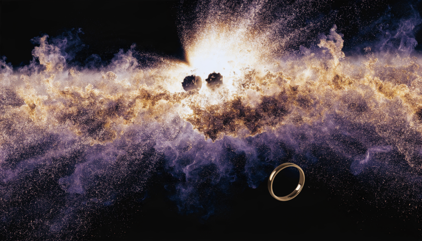 Cosmic gold formation concept: a glowing neutron star collision scattering heavy elements across deep space