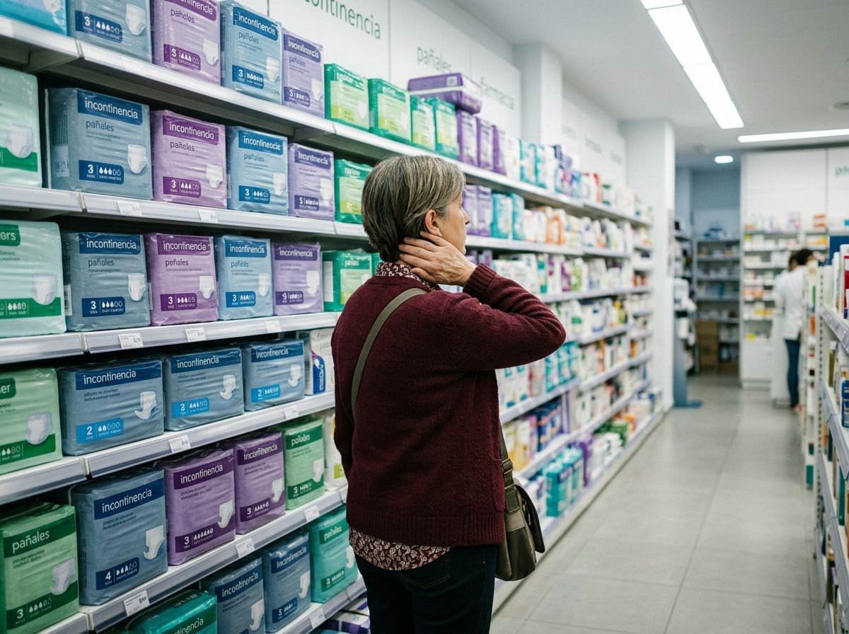 Mujer abrumada ante el muro de compresas de la farmacia