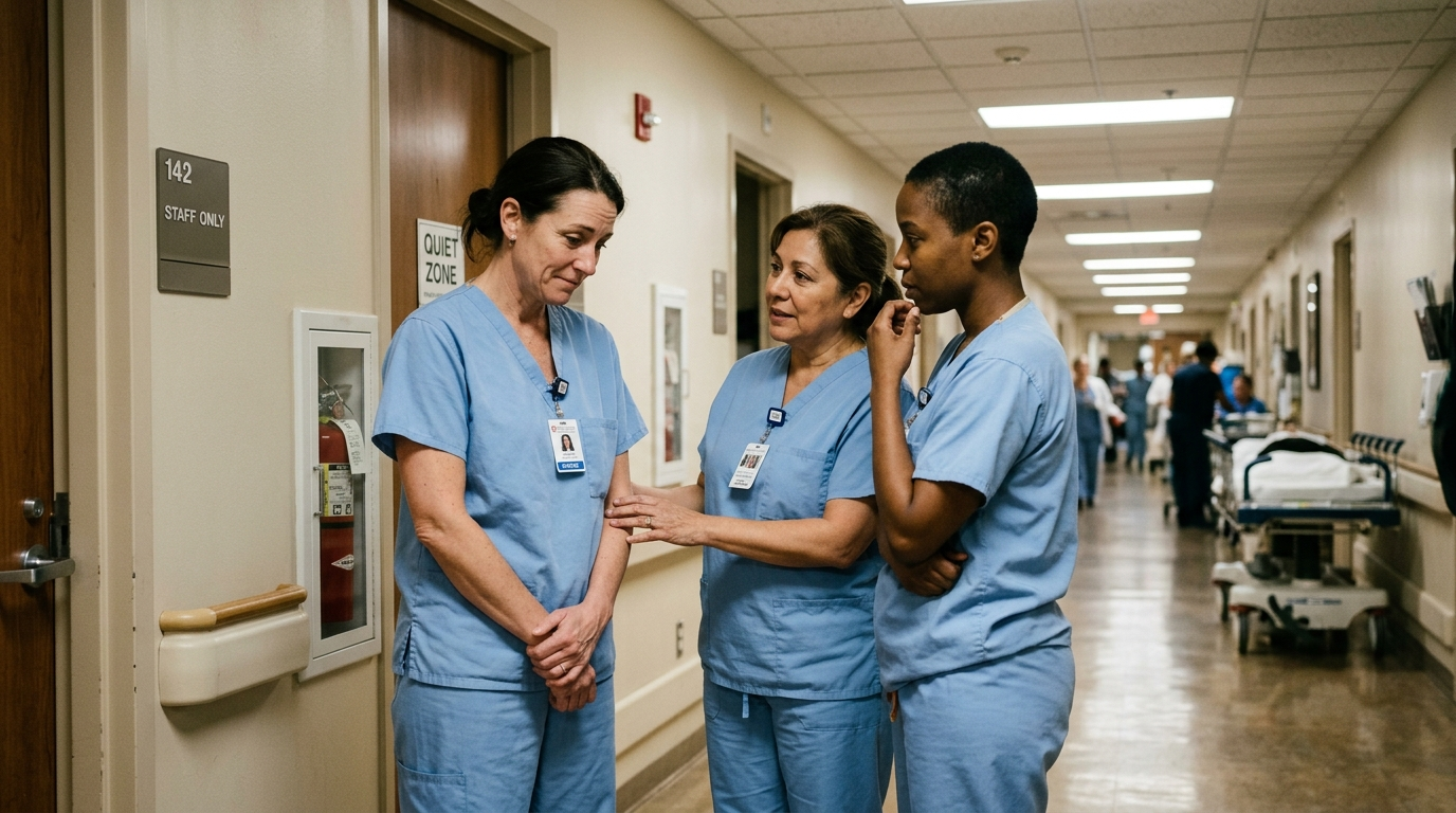 Compañeras de trabajo hablando con discreción en el hospital