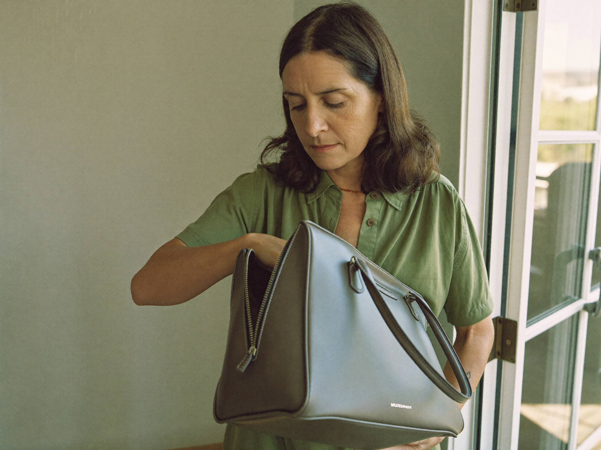 Elena revisando el bolso antes de salir de casa