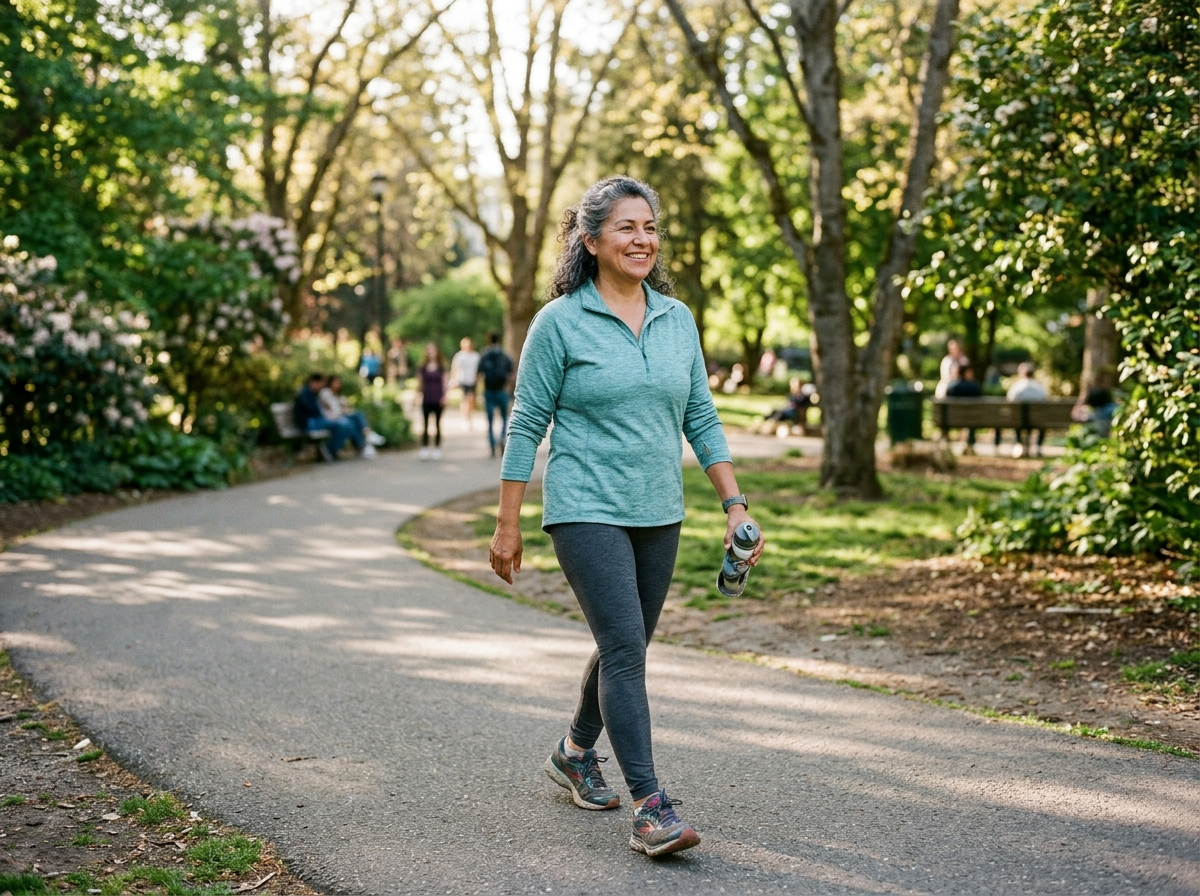 Mujer caminando libre un sábado