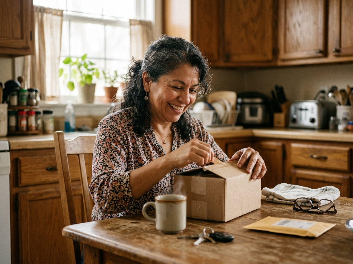 Mujer abriendo su pedido