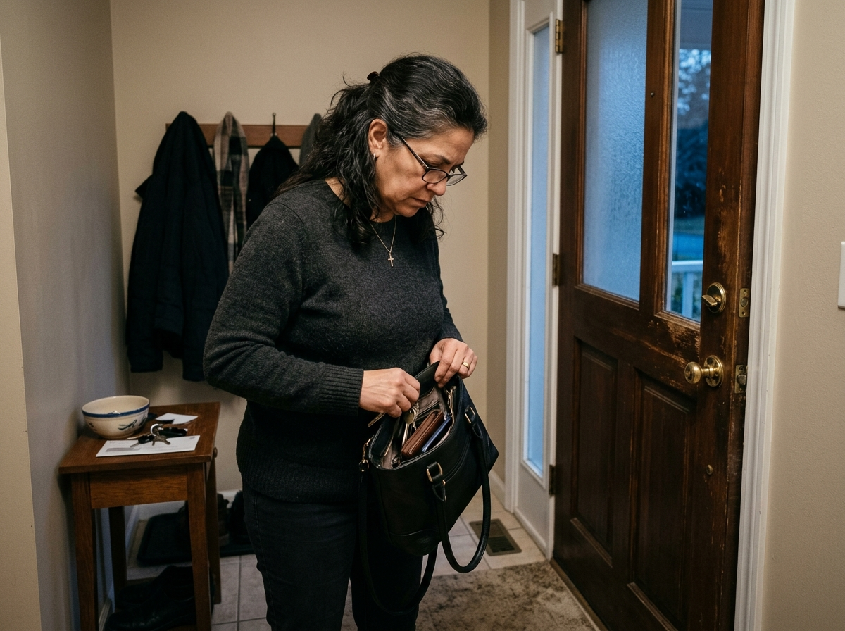 Carmen revisando la cartera antes de salir de casa