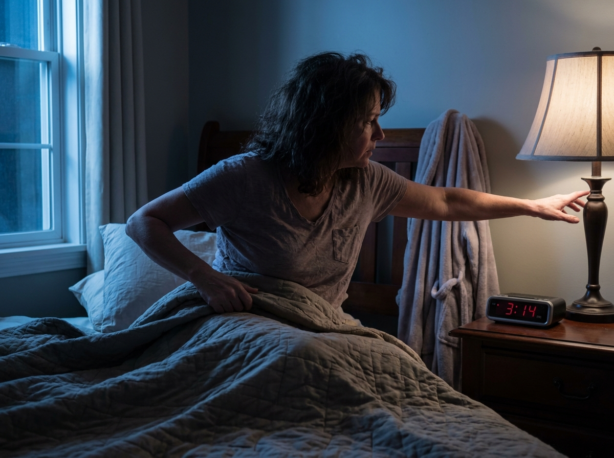 Woman sitting up abruptly in bed at 3AM, reaching for the nightstand lamp, alarm clock showing the middle of the night