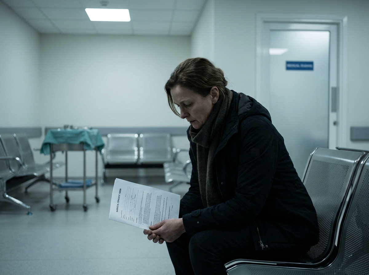 Woman sitting in a clinical waiting room holding a surgical consent form, tense and apprehensive