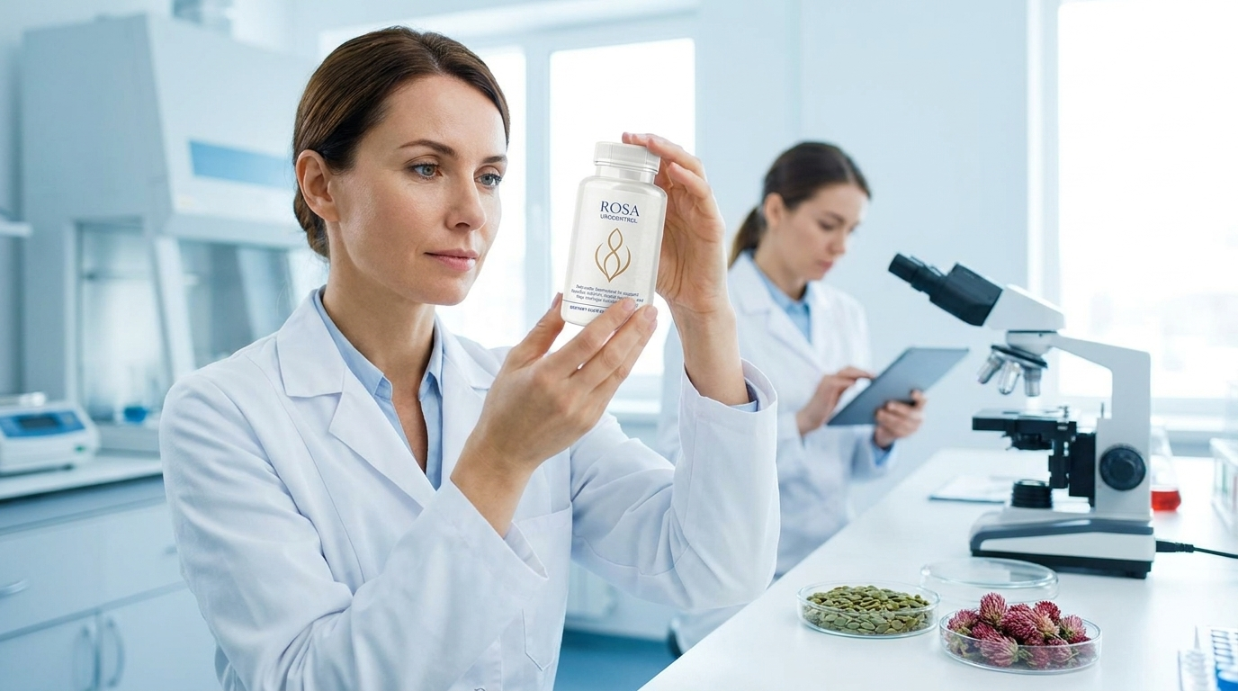 Doctor and researcher in a laboratory studying and analyzing the Rosa UroControl supplement