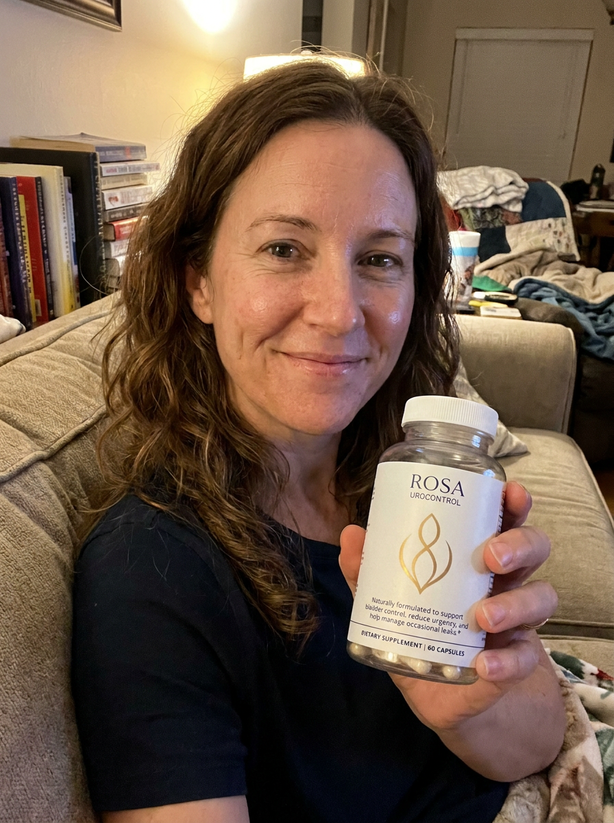 Woman on couch holding the real Rosa UroControl bottle, smiling
