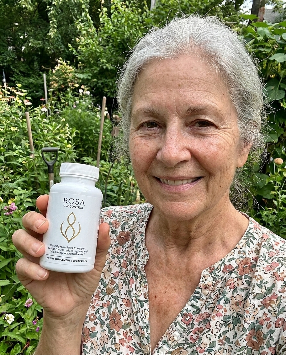 Woman in her garden holding the real Rosa UroControl bottle