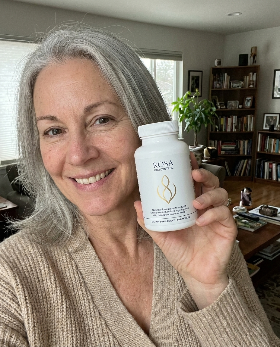 Woman in a beige cardigan holding the real Rosa UroControl bottle