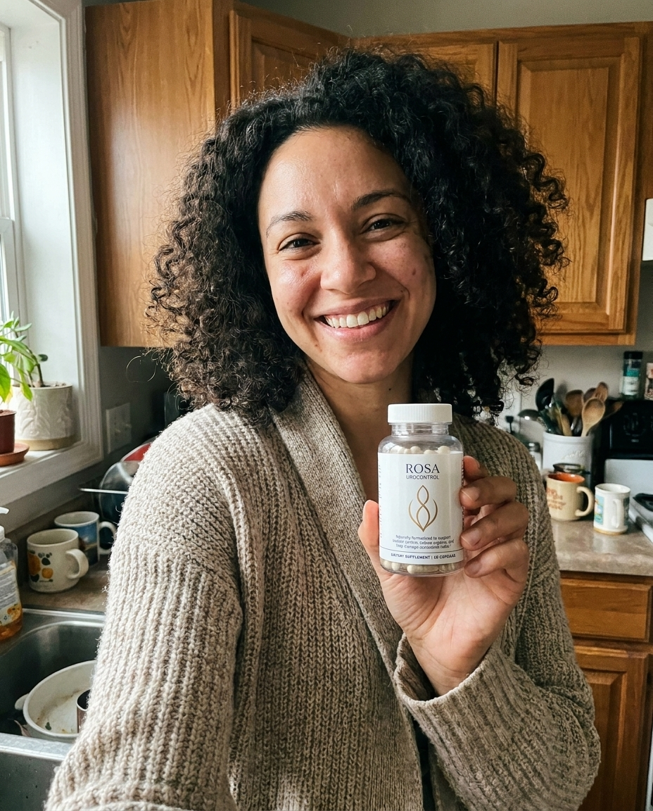 Woman with curly hair holding the real Rosa UroControl bottle