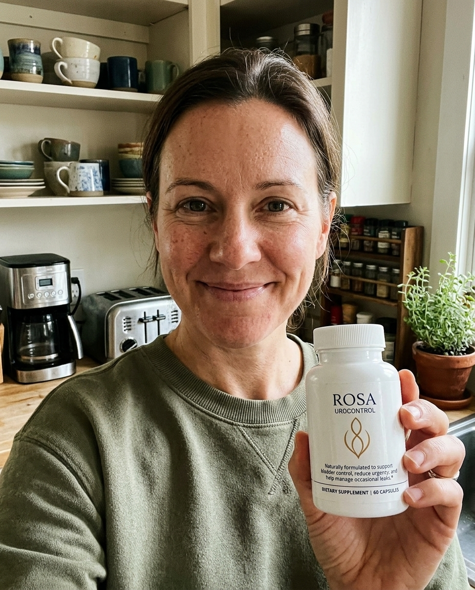 Woman in kitchen holding the real Rosa UroControl bottle