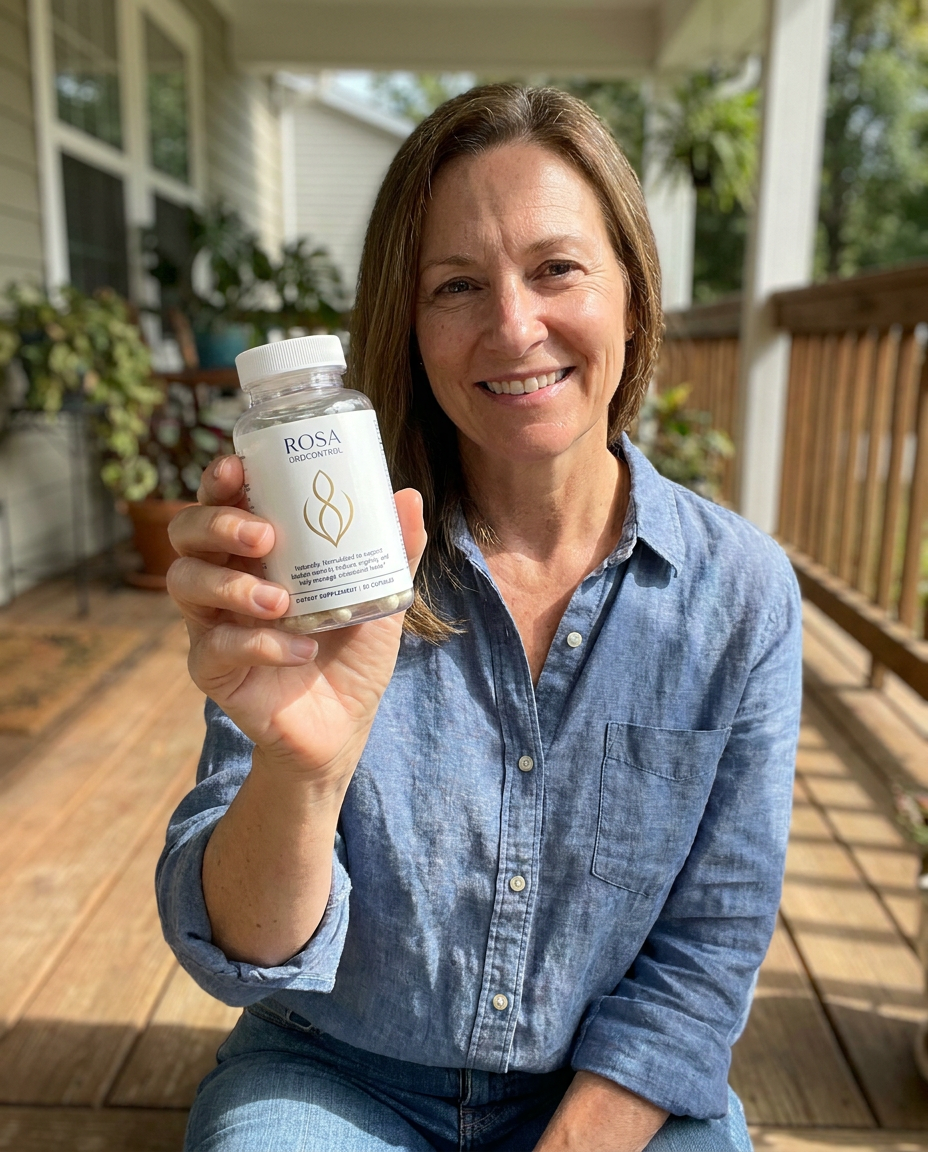 Woman on a sunny porch holding the real Rosa UroControl bottle