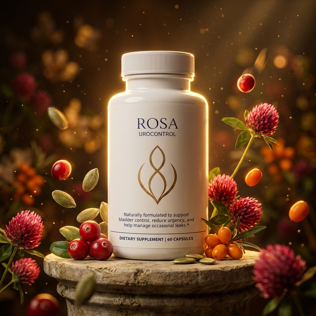 Rosa UroControl bottle in a premium hero shot, surrounded by red cranberries, pumpkin seeds and red clover