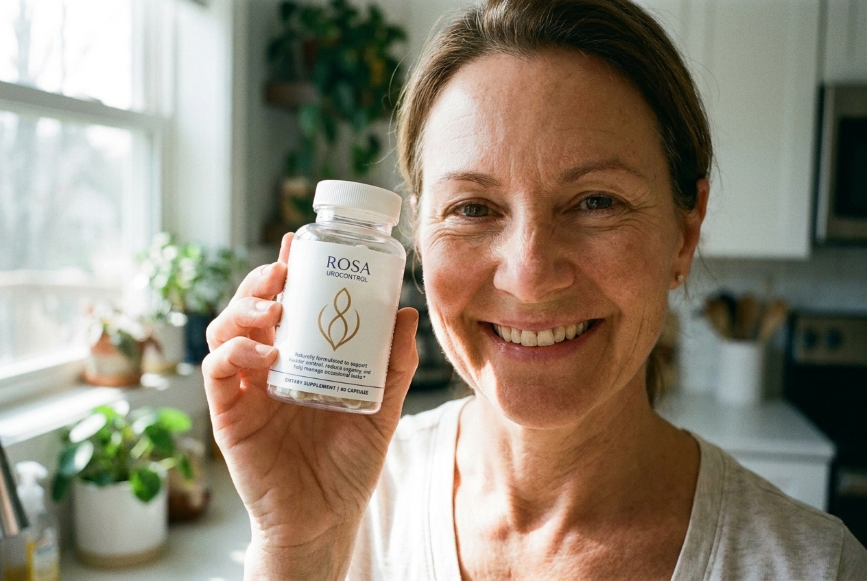 Mary Jo L. holding up the real Rosa UroControl bottle, morning light