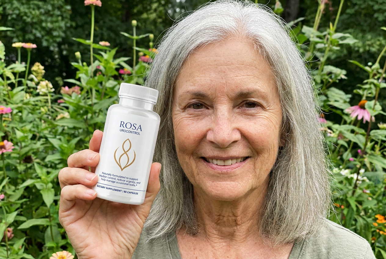 Pilar G. in her garden holding the real Rosa UroControl bottle
