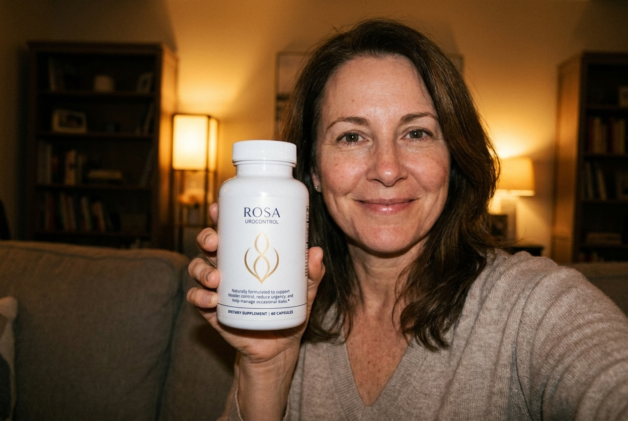 Carmen R. holding the real Rosa UroControl bottle, warm home lighting