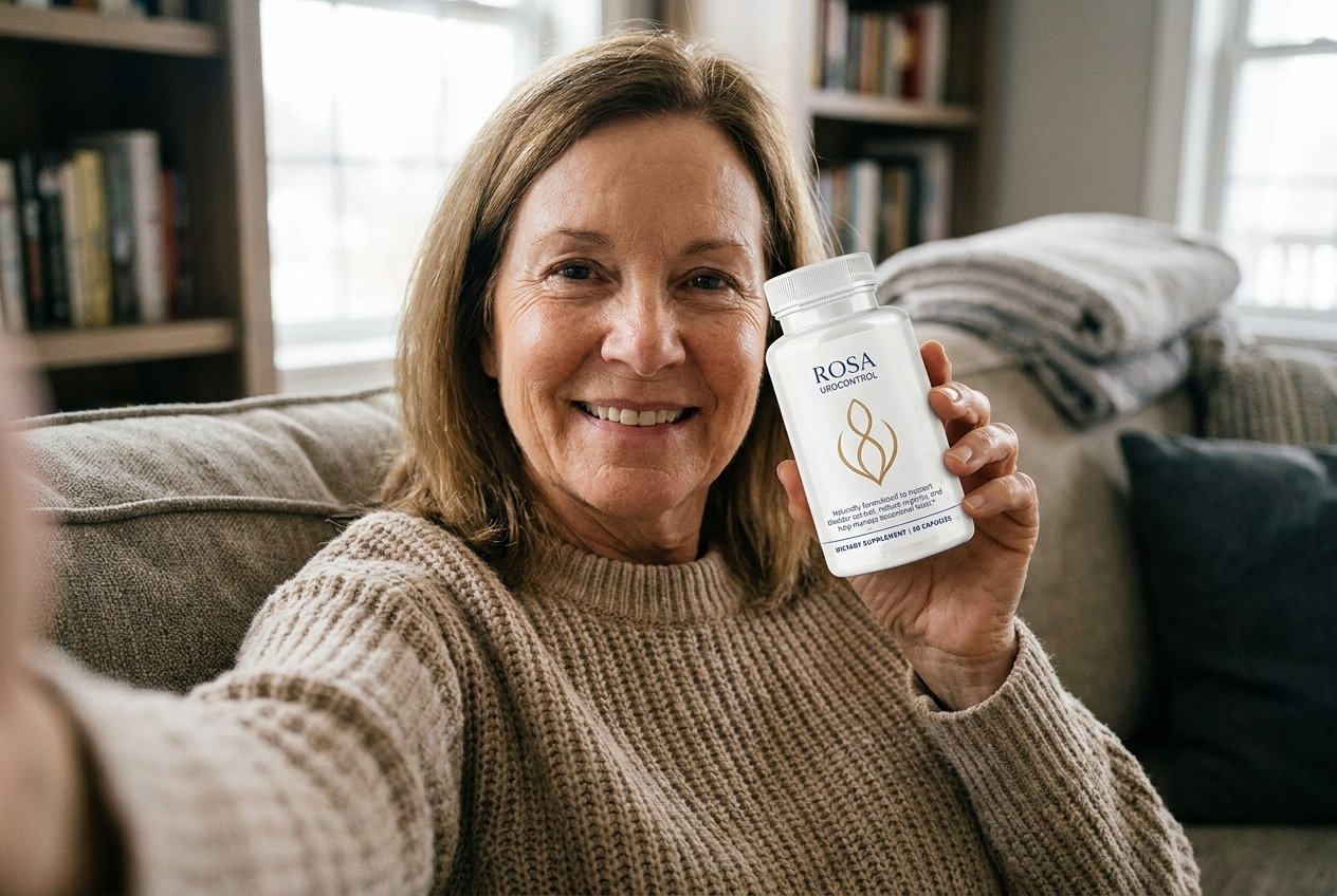 Roberta S. holding up the real Rosa UroControl bottle, selfie-style
