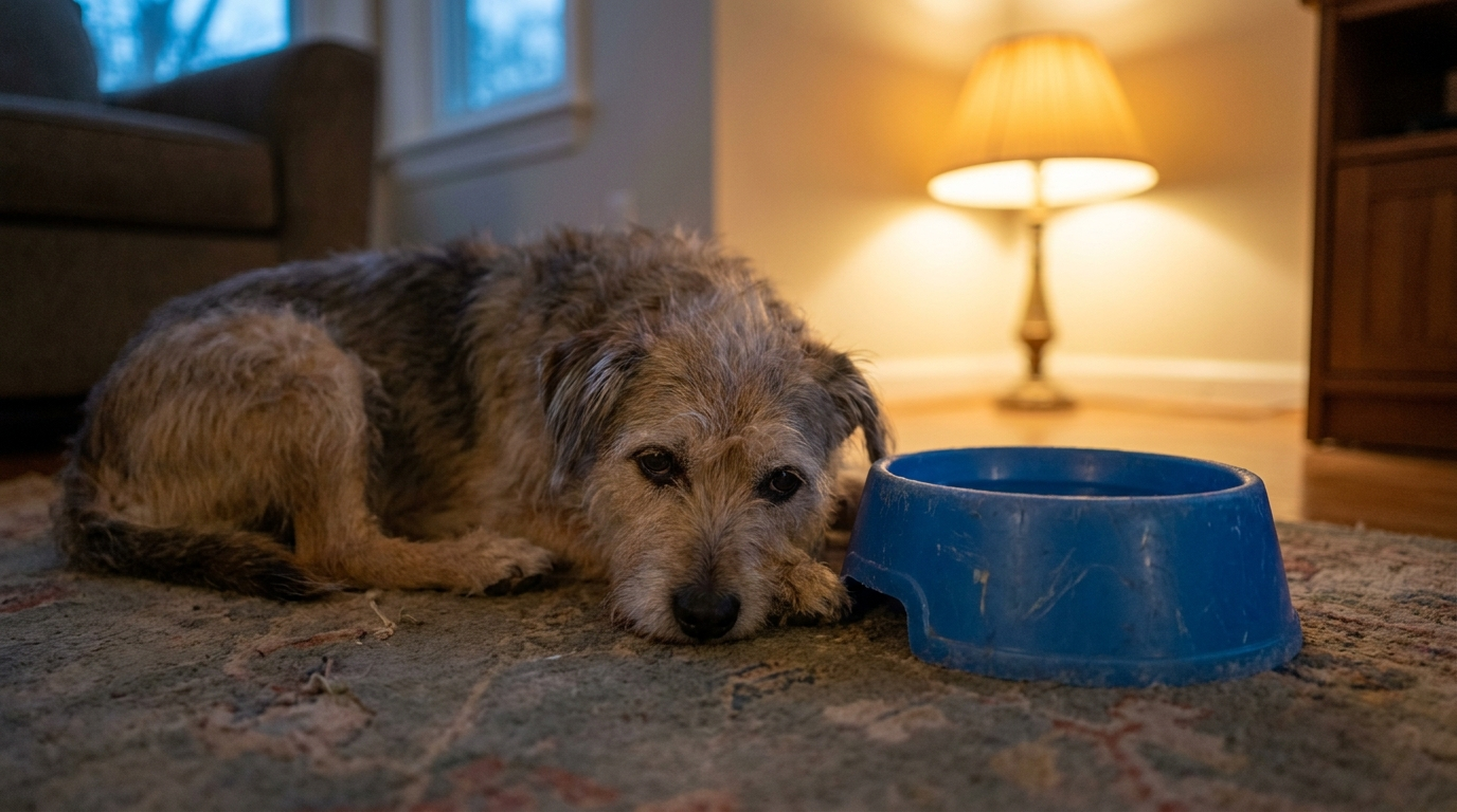 Foto: perro cansado junto a su cuenco intacto