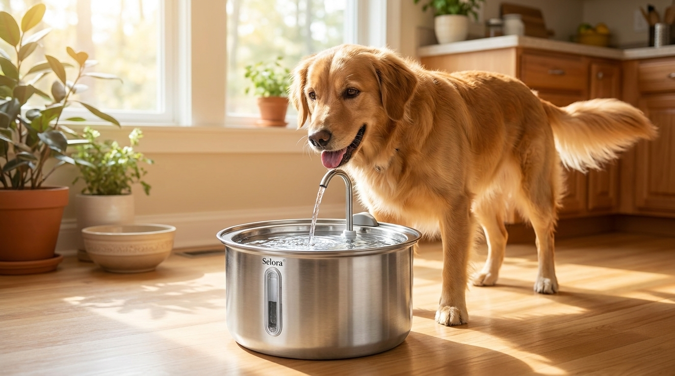 Foto: perro bebiendo feliz de la fuente SeloraPets