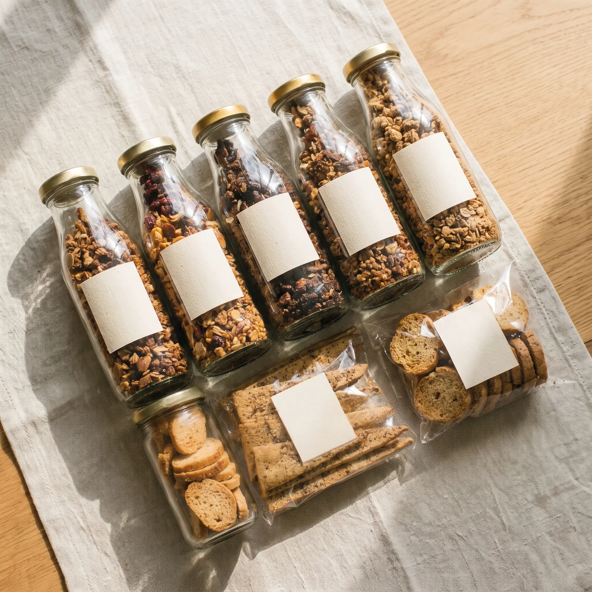 Granola bottles with gold lids