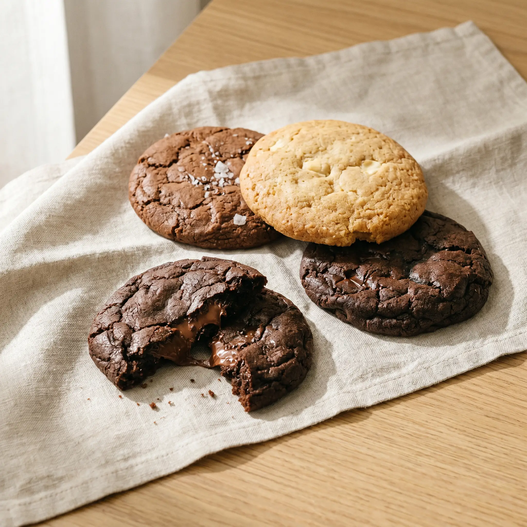 Brownie cookies, one broken to show the centre