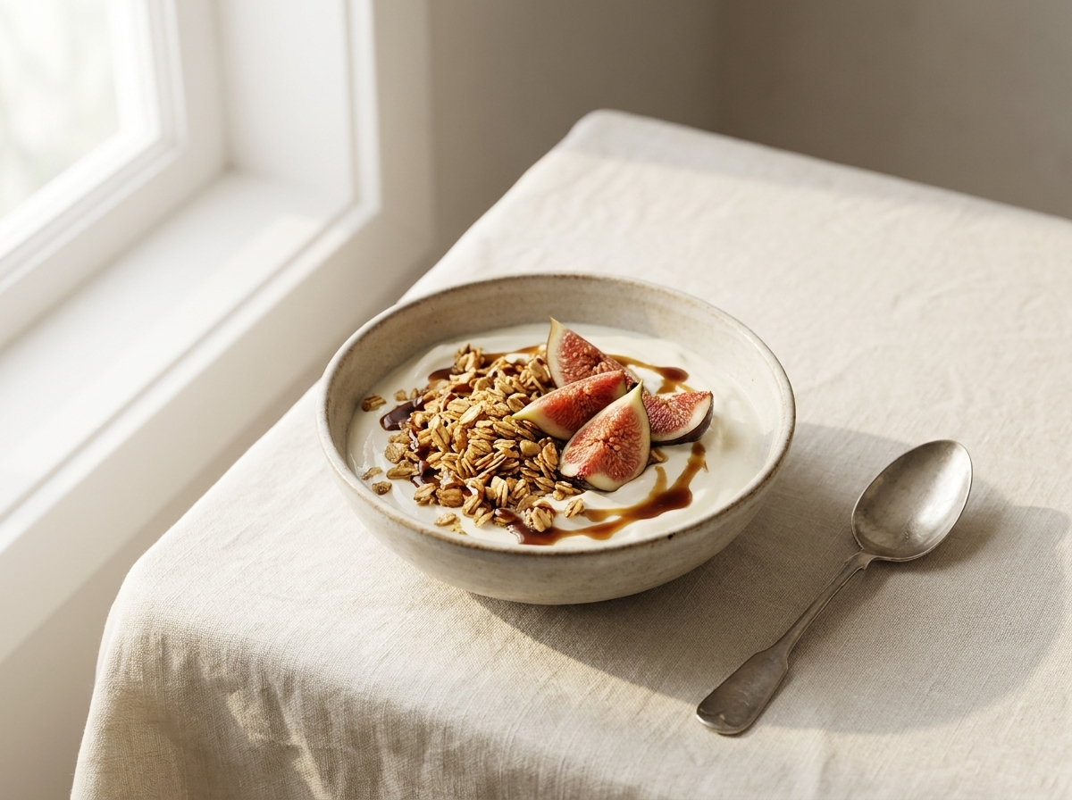 Breakfast bowl of yoghurt, granola and figs