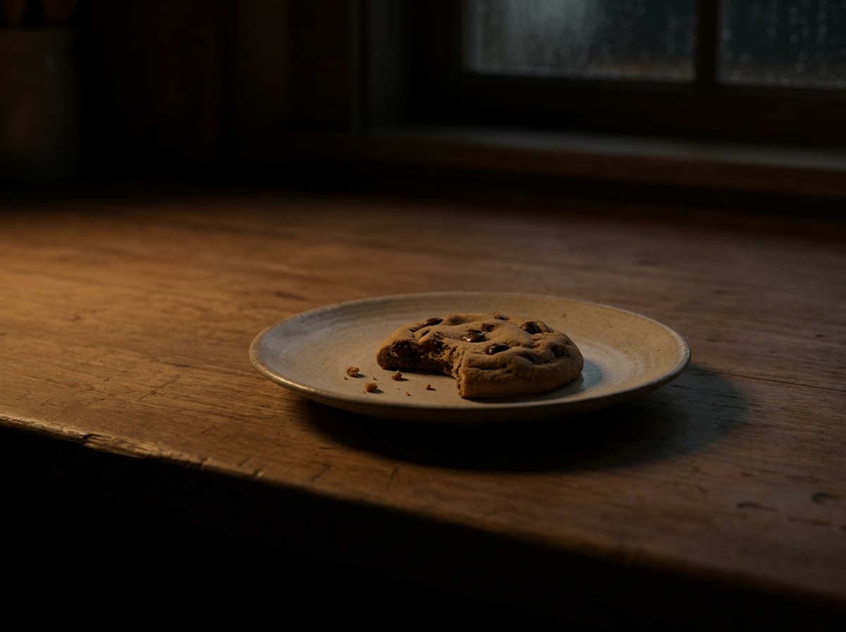 A cookie on a plate at midnight