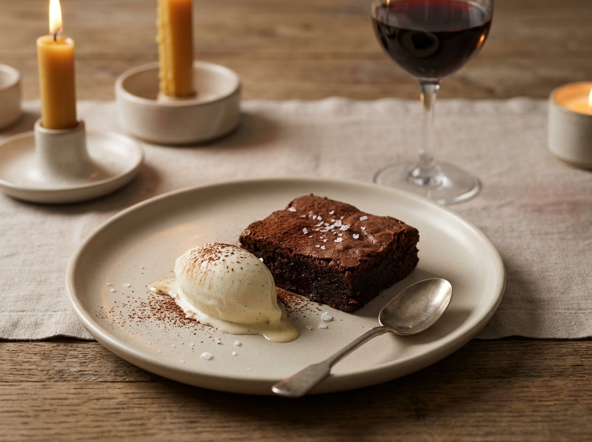 A plated warm brownie with vanilla ice cream