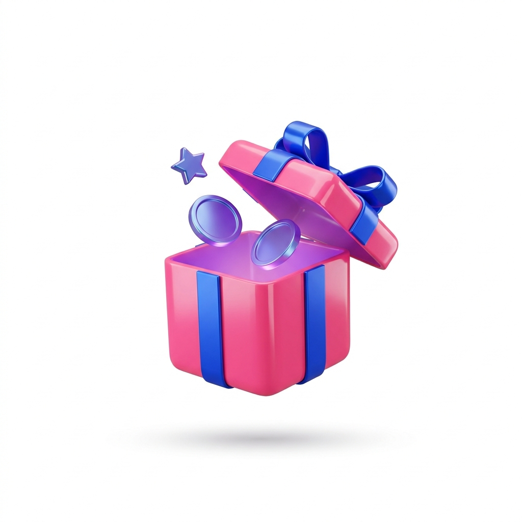 Glossy 3D gift box with floating reward coins