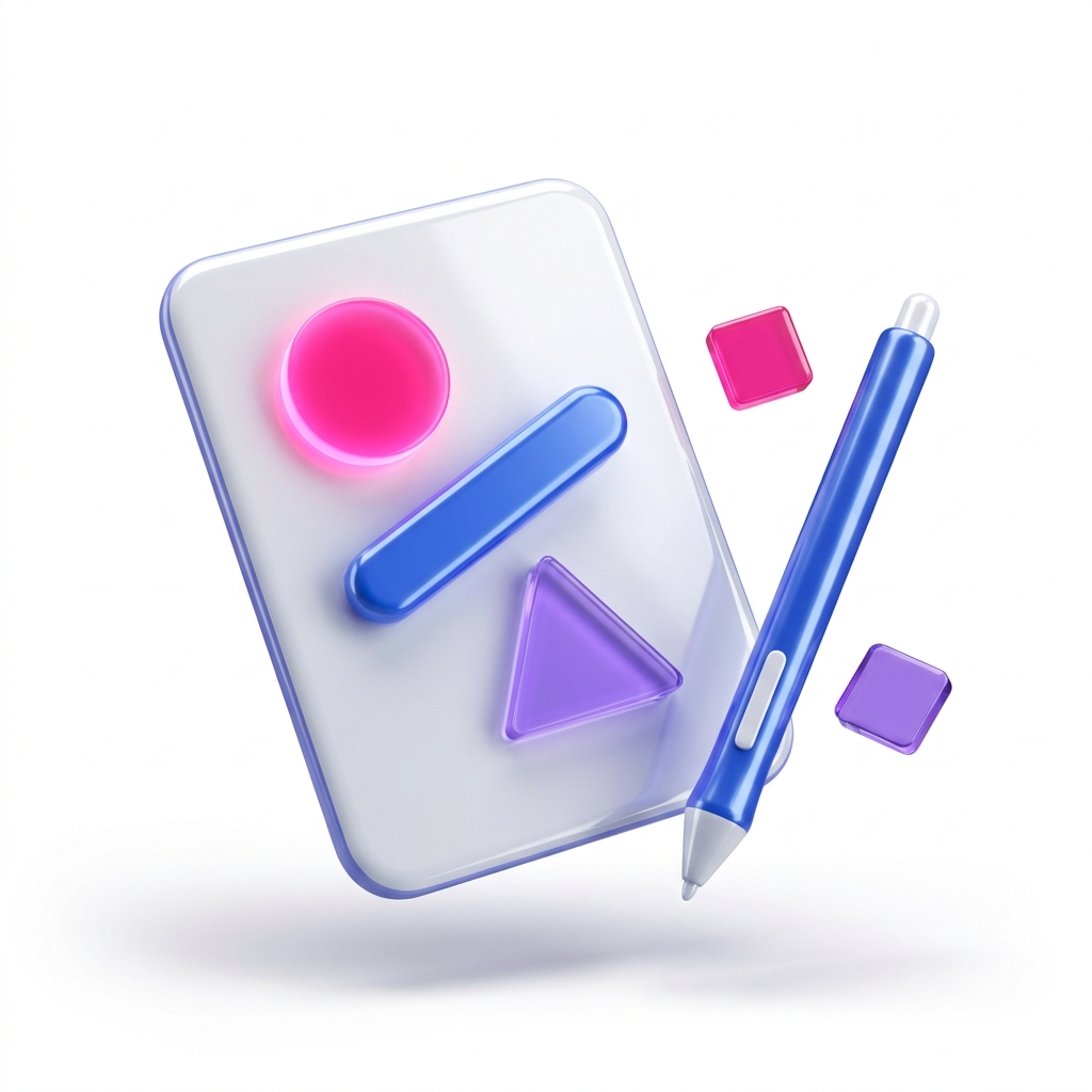 3D design artboard with stylus and colour swatches